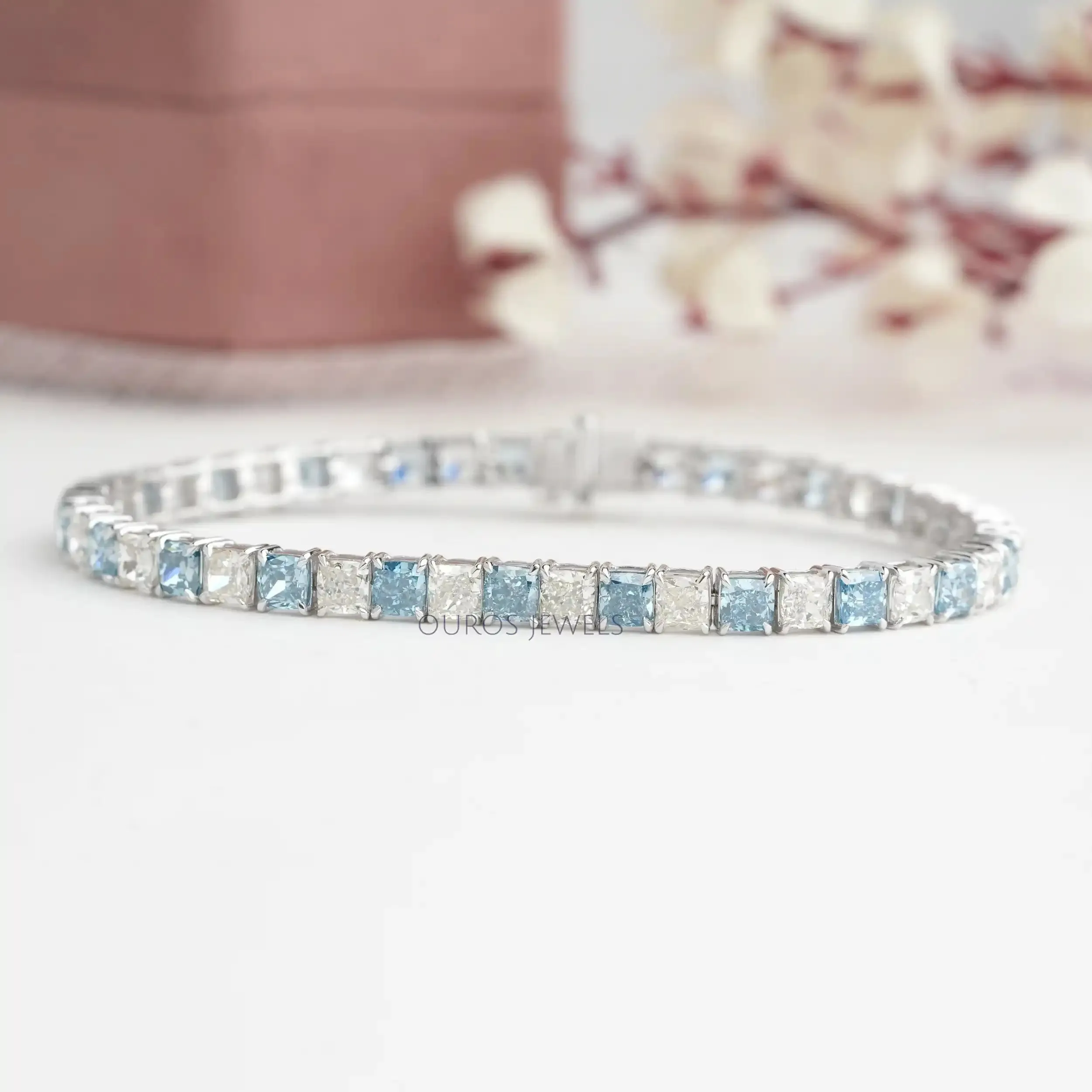 Blue Cushion Cut Lab Grown Diamond  Bracelet