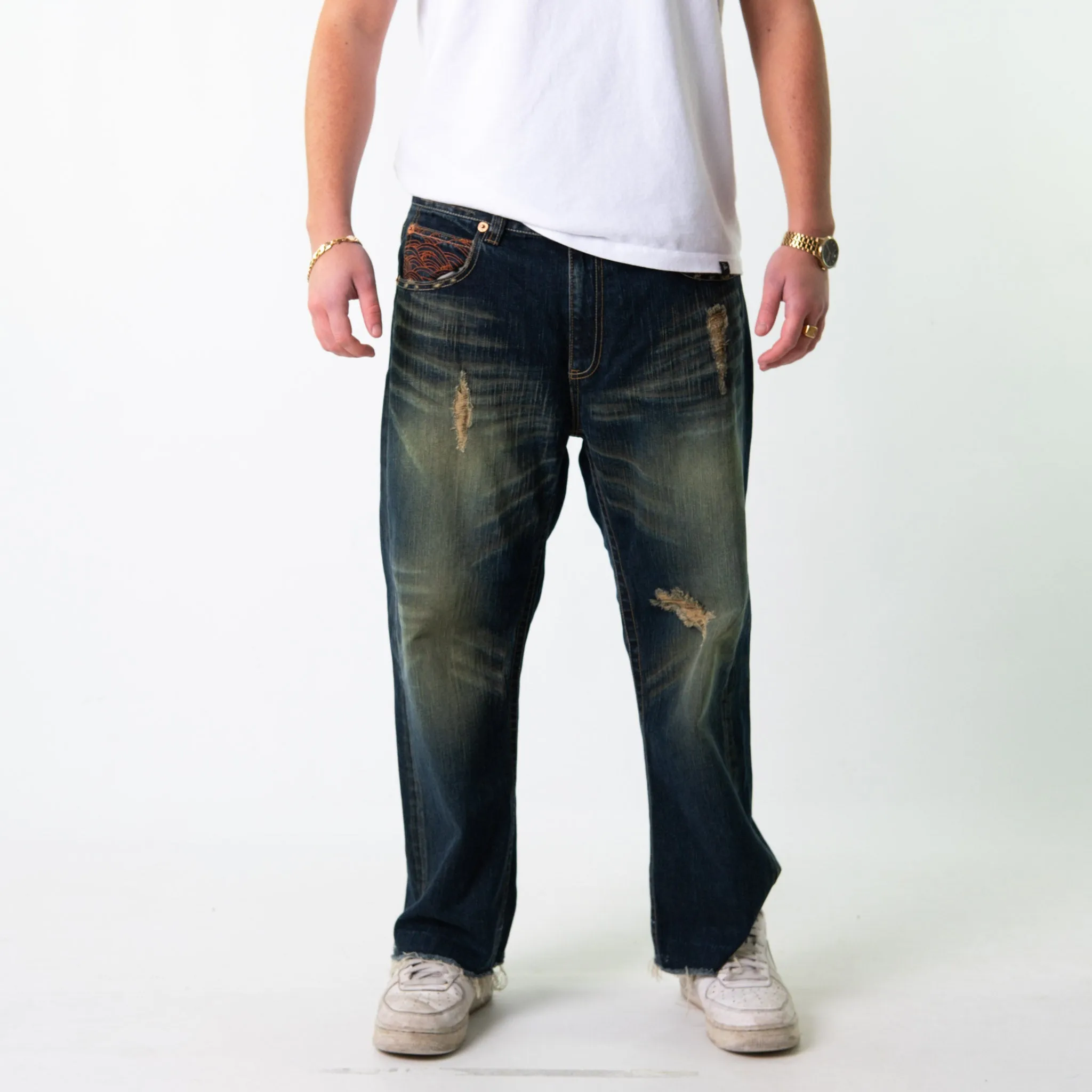 Blue Denim 90s Baggy Hip Hop Japanese Big Train Cargo Skater Trousers Pants Jeans (36x28)