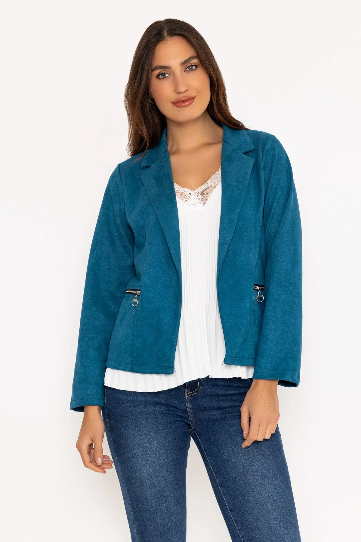 Blue Hip Length Suede Jacket