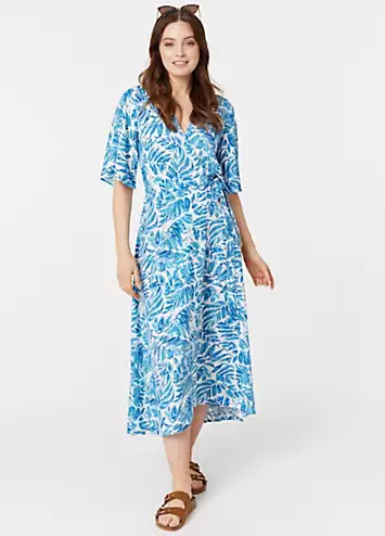 Blue Leaf Print Short Sleeve Wrap Dress by Izabel London | Look Again