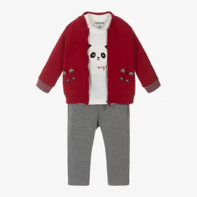 Boys Red & Grey Cotton Panda Tracksuit Set