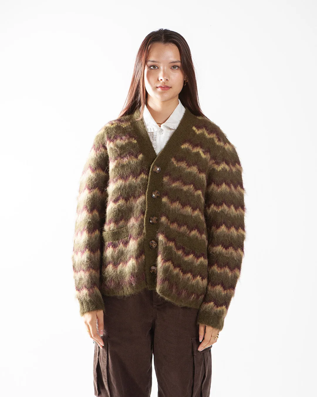 Brain Dead Zig Zag Striped Cardigan Olive Multi