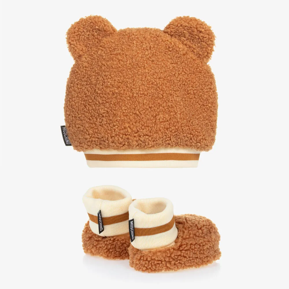 Brown Fleece Teddy Bear Baby Hat Set