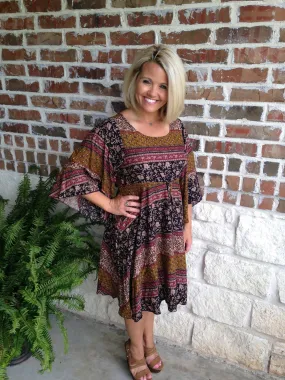 Brown Mixed Print Dress