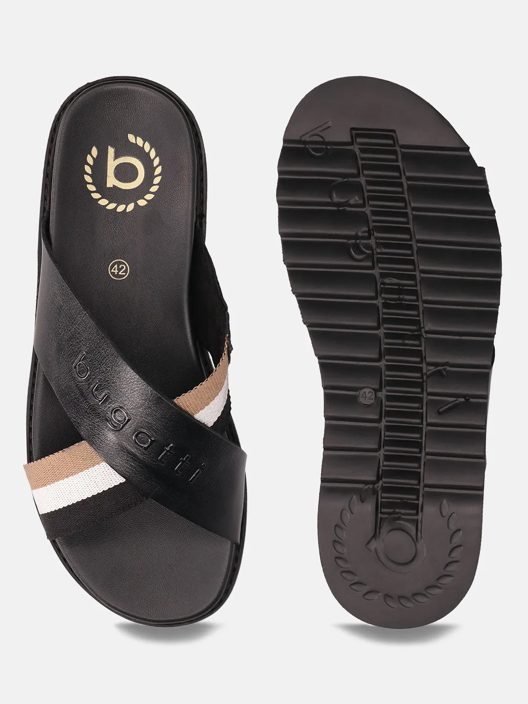 bugatti Black & Multicolour Premium Leather Cross Straps Sandals