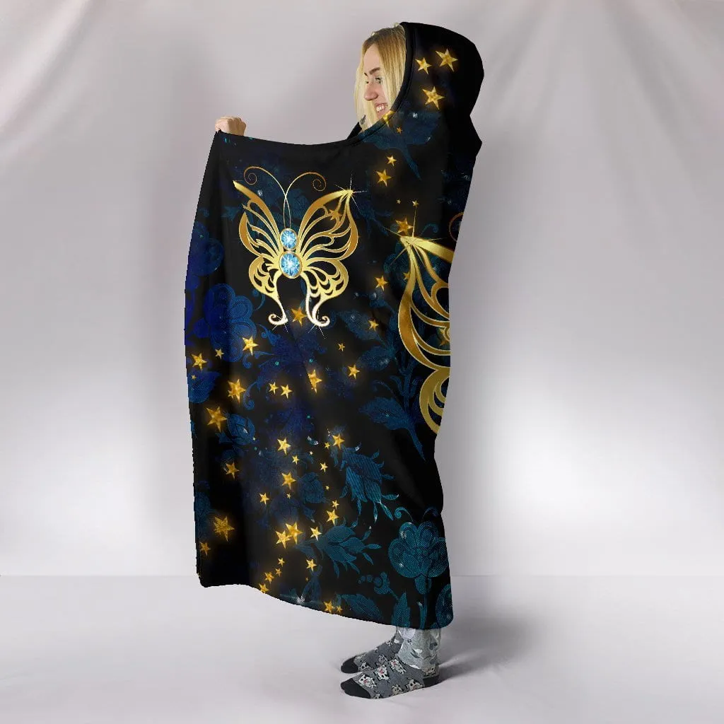 Butterflies in Blue Damask Hooded Blanket
