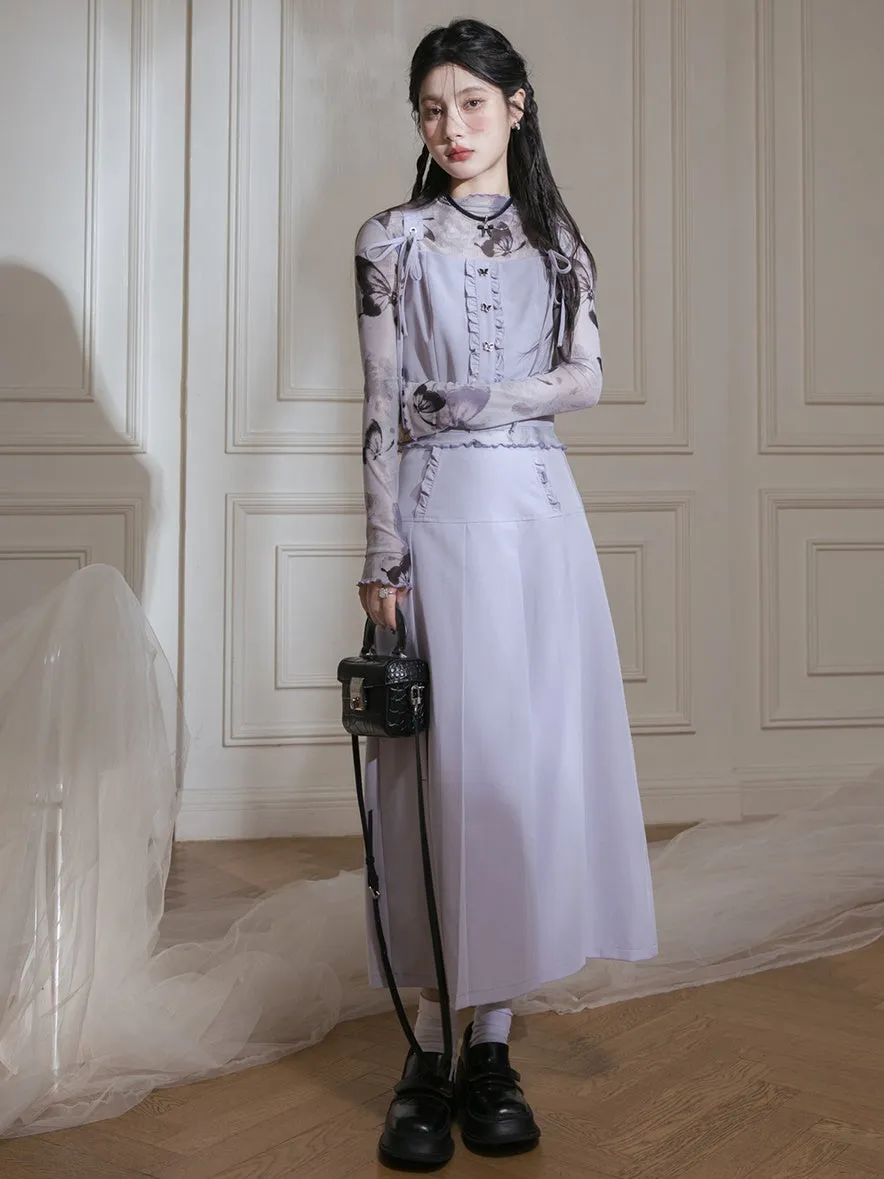 Butterfly Mesh Printed Bottoming Shirt ＋ Vest & Skirt Set-up