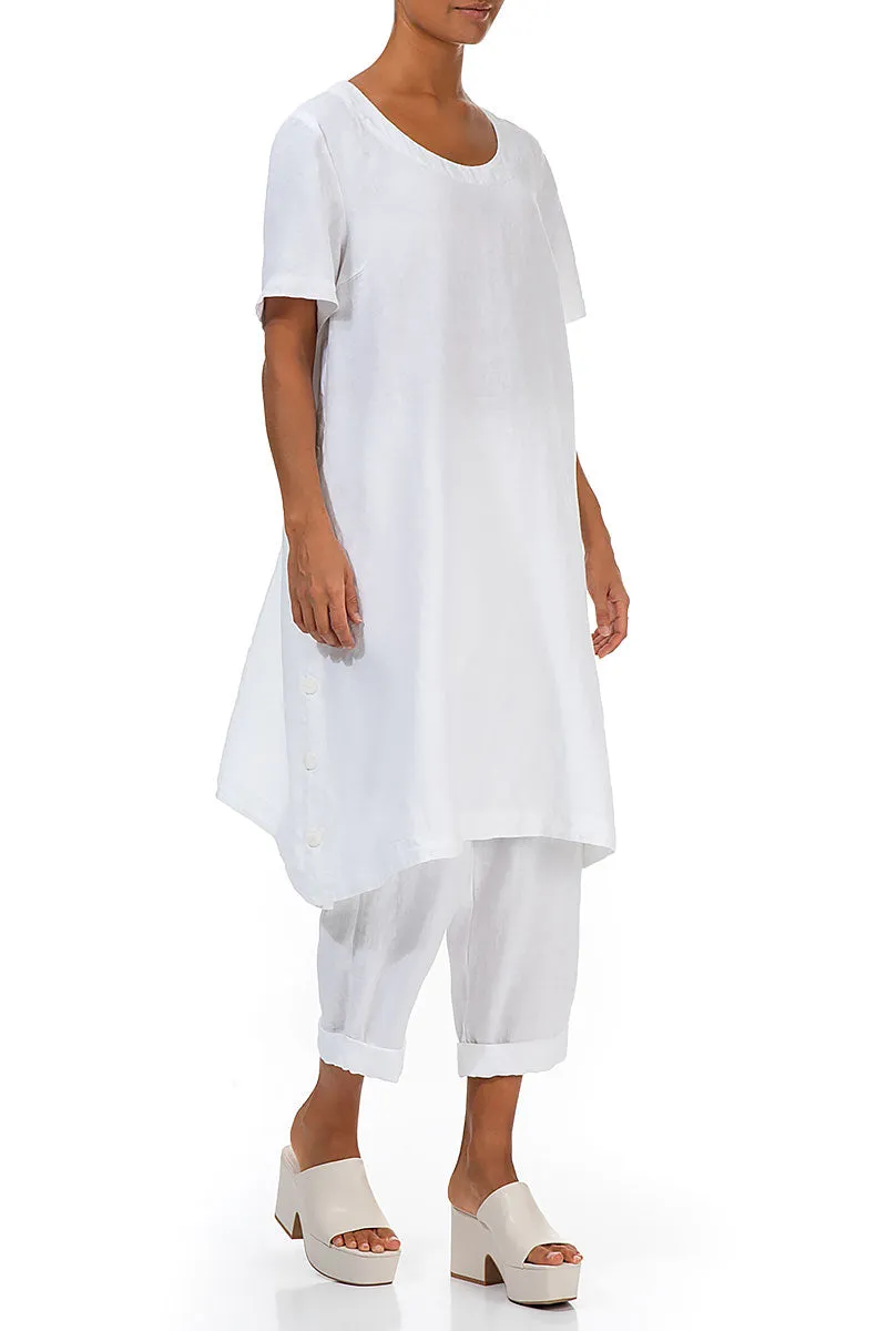 Buttoned Sides White Linen Tunic Dress