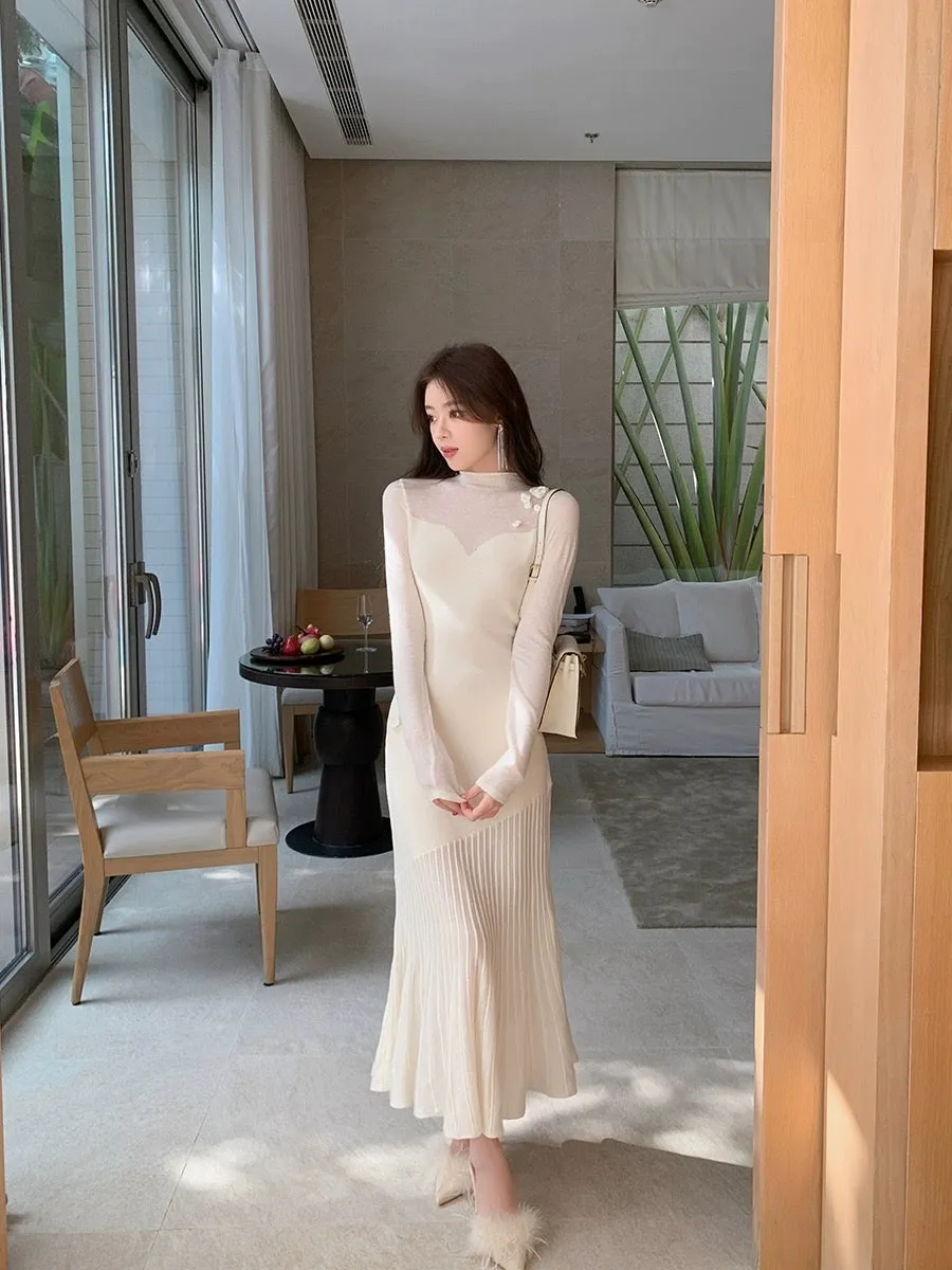 ByYou Spring Slim High Collar Wool White Knitted Waist Mid-Length Over-the-Knee Sweater Dress