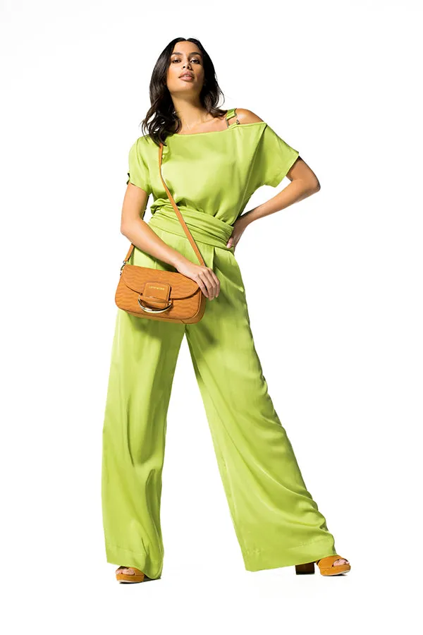 Caroline Biss LIME GREEN LOOSE SHINY HIGH WAIST WIDE TROUSERS