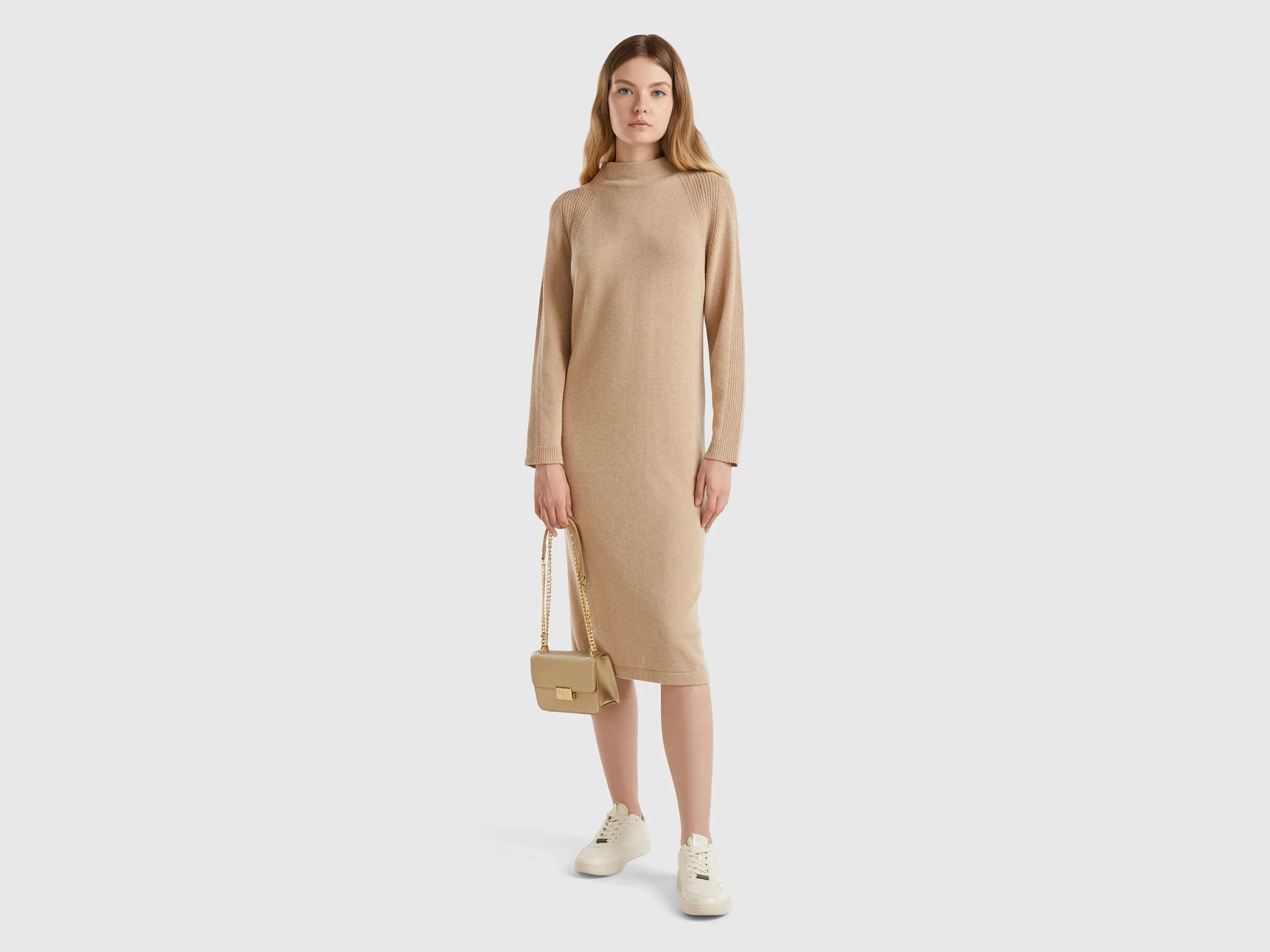 Cashmere blend midi dress - Camel | Benetton