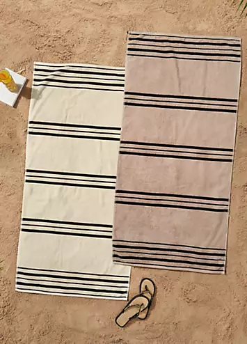 Catherine Lansfield Banded Stripe Pair of 100% Cotton Beach Towels | Kaleidoscope