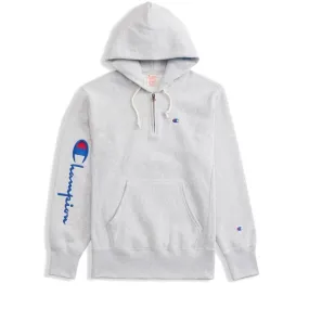 Champion Reverse Weave Logo Half Zip Pullover Hooded Sweatshirt (Light Grey Melange)