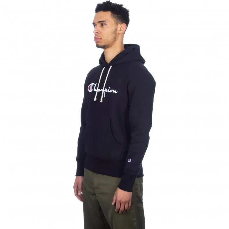 Champion Reverse Weave Script Applique Pullover Hooded Sweatshirt (New Black)