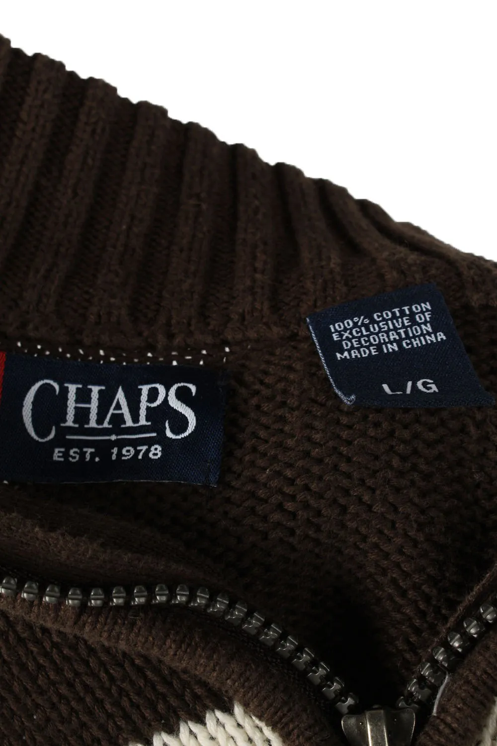 Chaps Zip Neck Jumper Pullover 90s Mens Brown L - Pepper Tree London