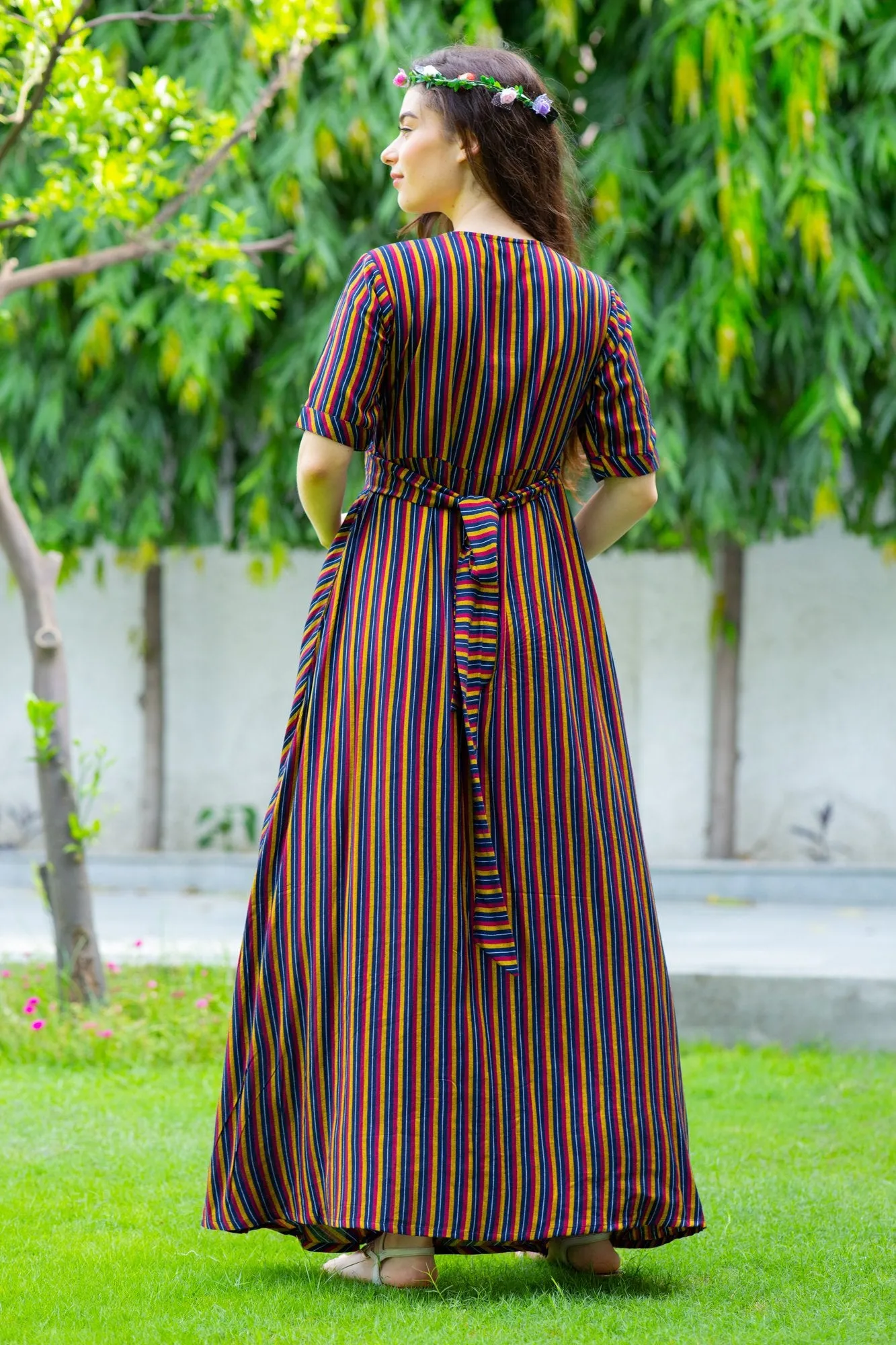 Chocolate Striped Maternity & Nursing Wrap Dress