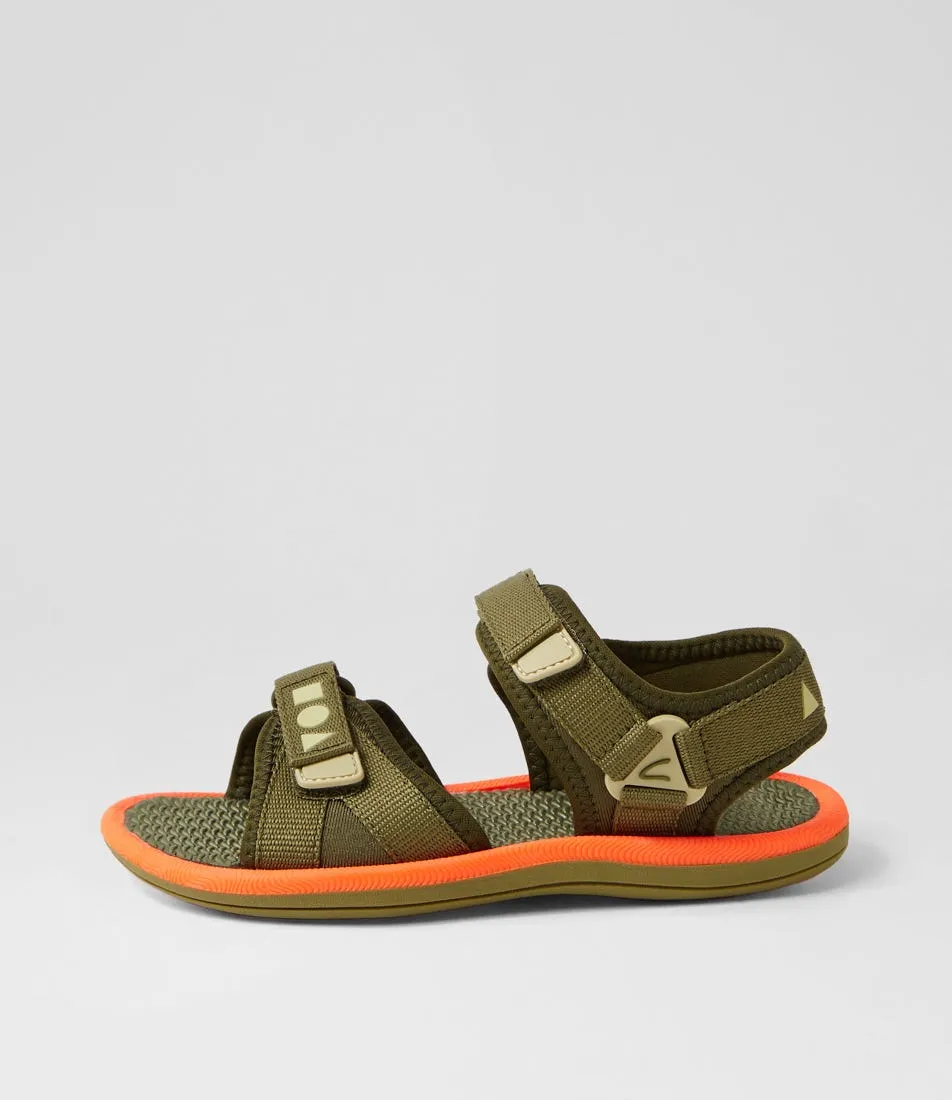 CLARKS Finn Tot Dark Olive Bright Orange Sandals