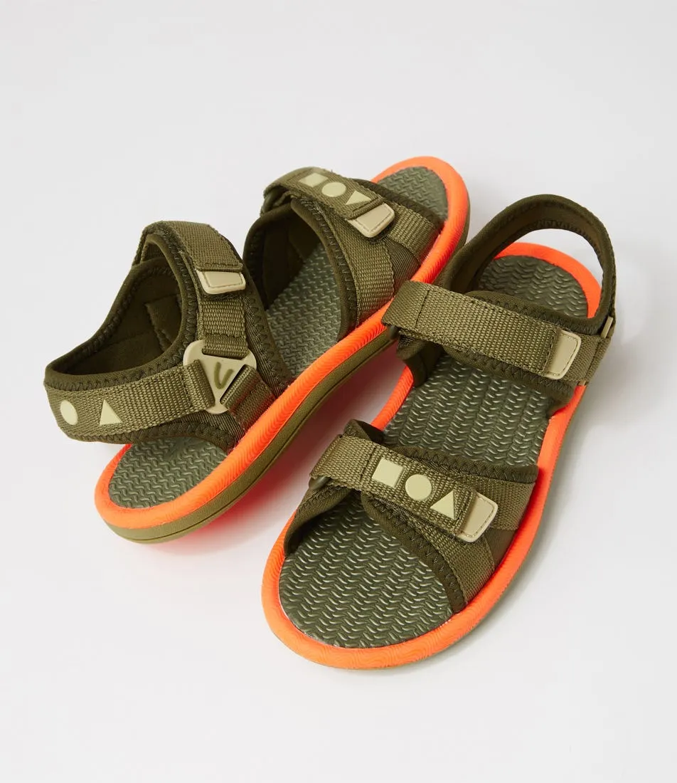CLARKS Finn Tot Dark Olive Bright Orange Sandals