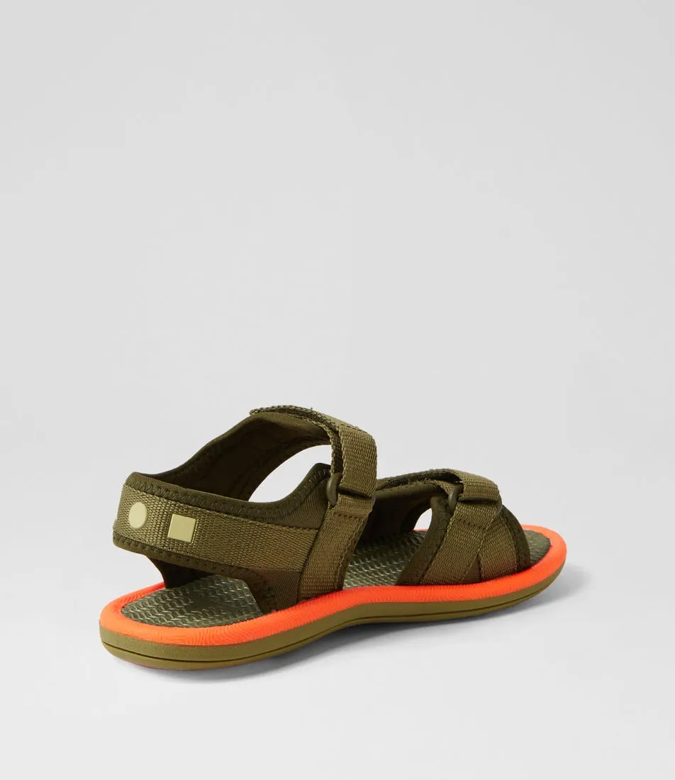 CLARKS Finn Tot Dark Olive Bright Orange Sandals