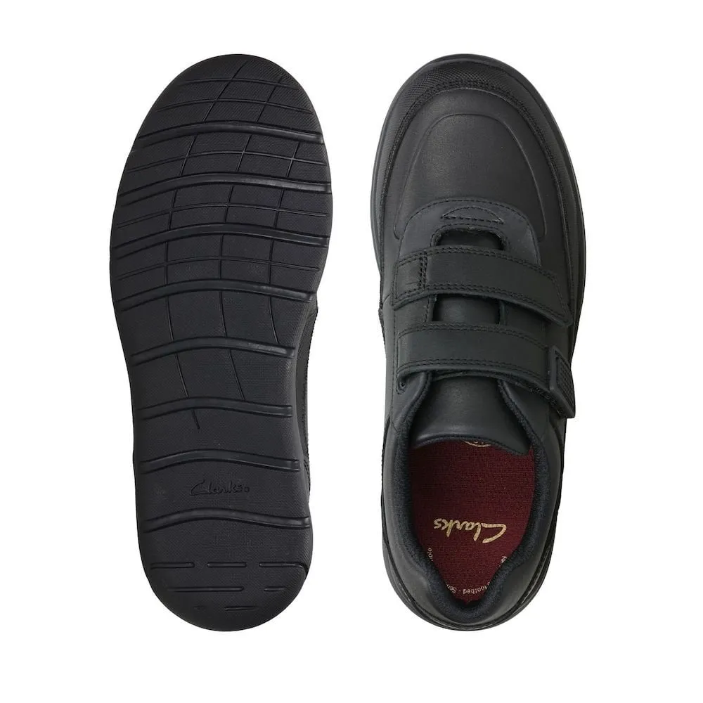 Clarks Venture Walk Boys Velcro School Shoe - Black Leather