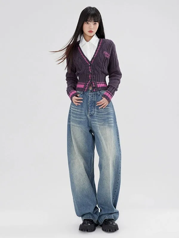 College Style Cable Knitted V-neck Short Cardigan