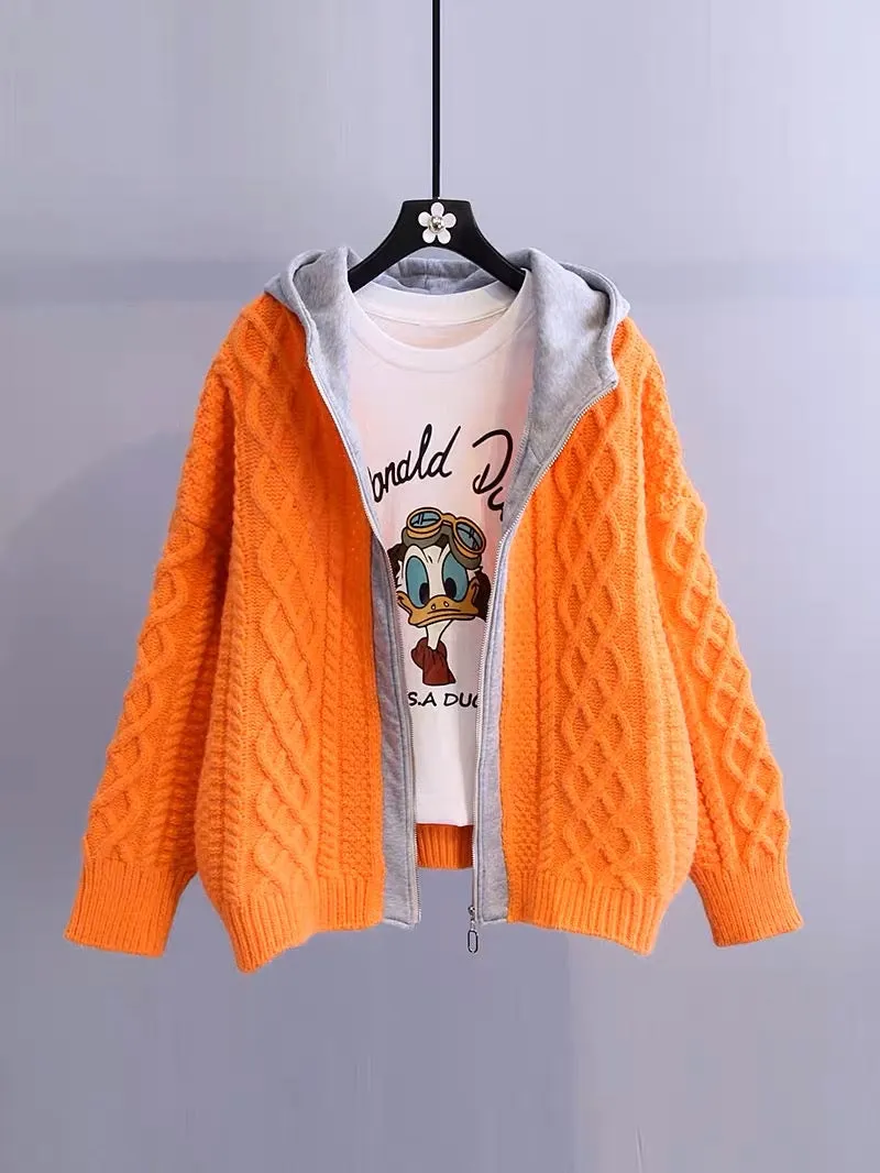 Color matching hooded twist sweater jacket women 2023 autumn new Korean version loose thickened lazy style knitted cardigan