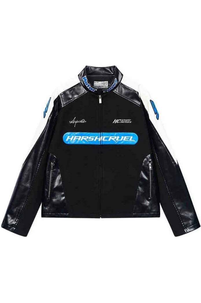 Colorblock Stitched Leather Racing Jacket