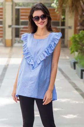 Cotton Denim Frill Maternity & Nursing Top