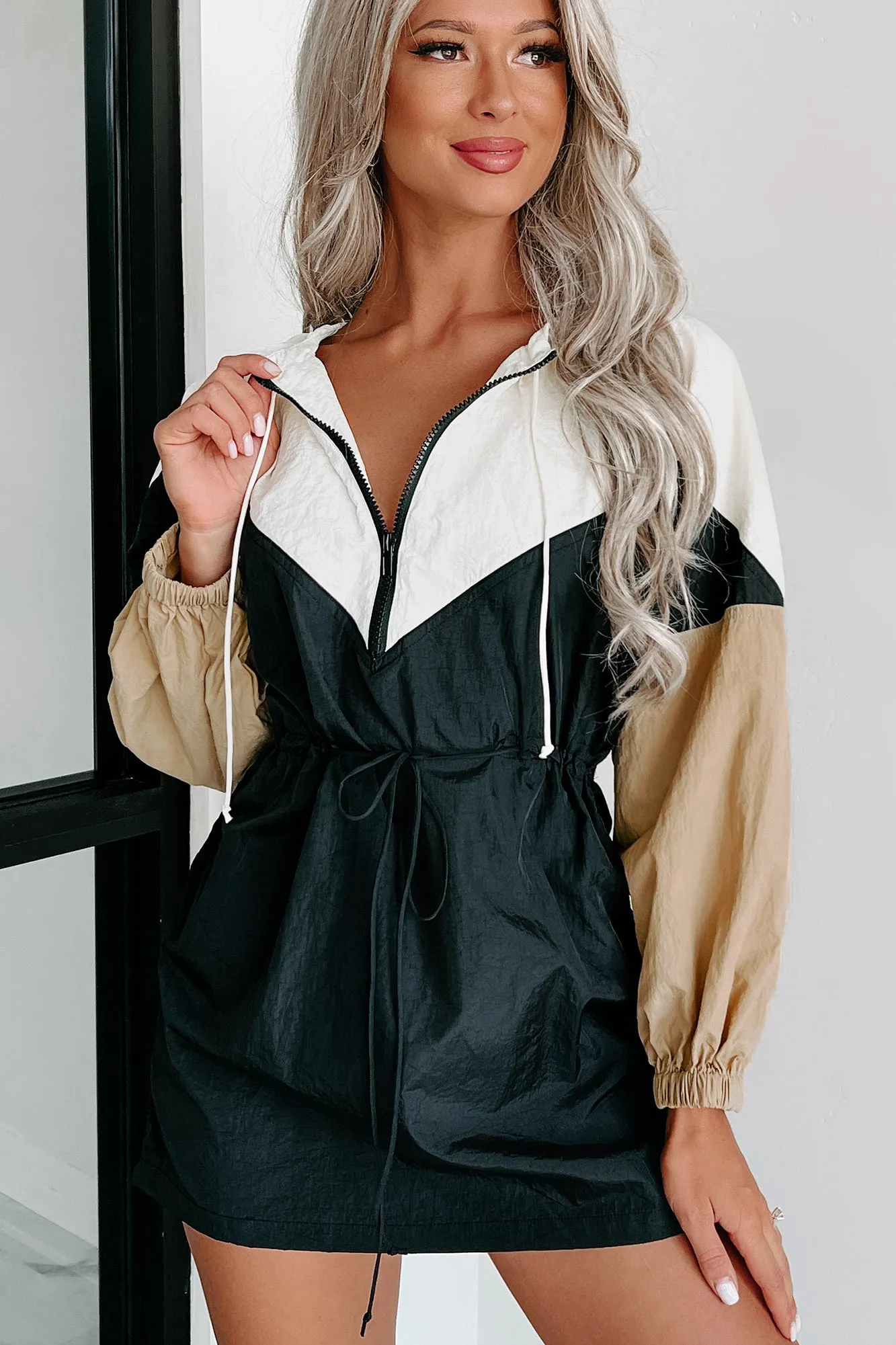 Court-Side Cutie Colorblock Windbreaker Dress (Black/Tan/Ivory)