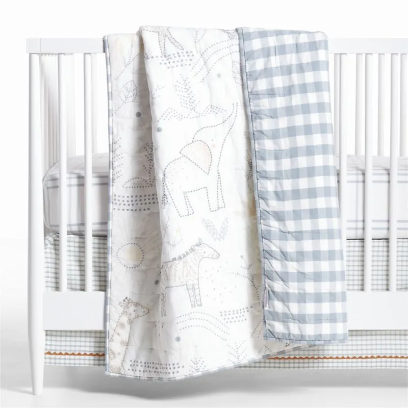 Crate&Barrel Stax Mist Blue Yarn-Dyed Organic Cotton Baby Crib Fitted Sheet