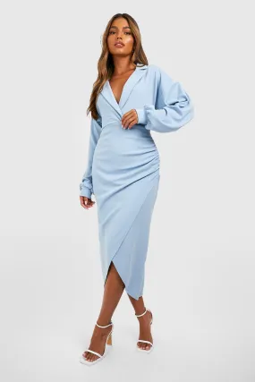 Crepe Puff Sleeve Wrap Front Midi Shirt Dress