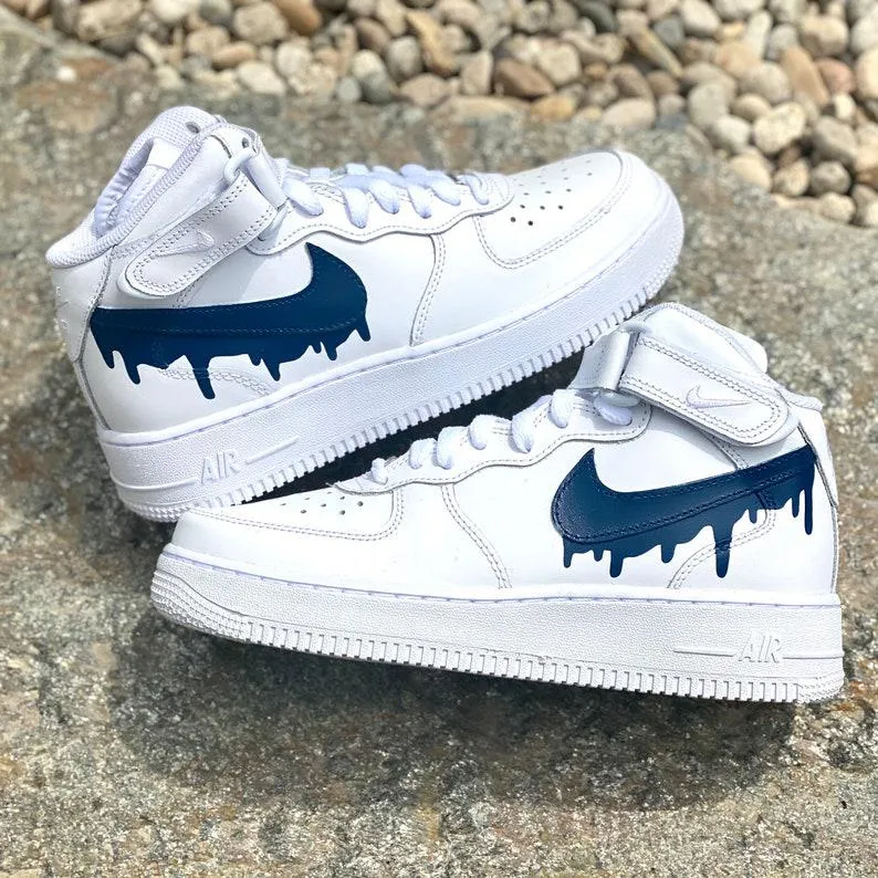 Custom Dark Blue Nike Drip Air Force Ones