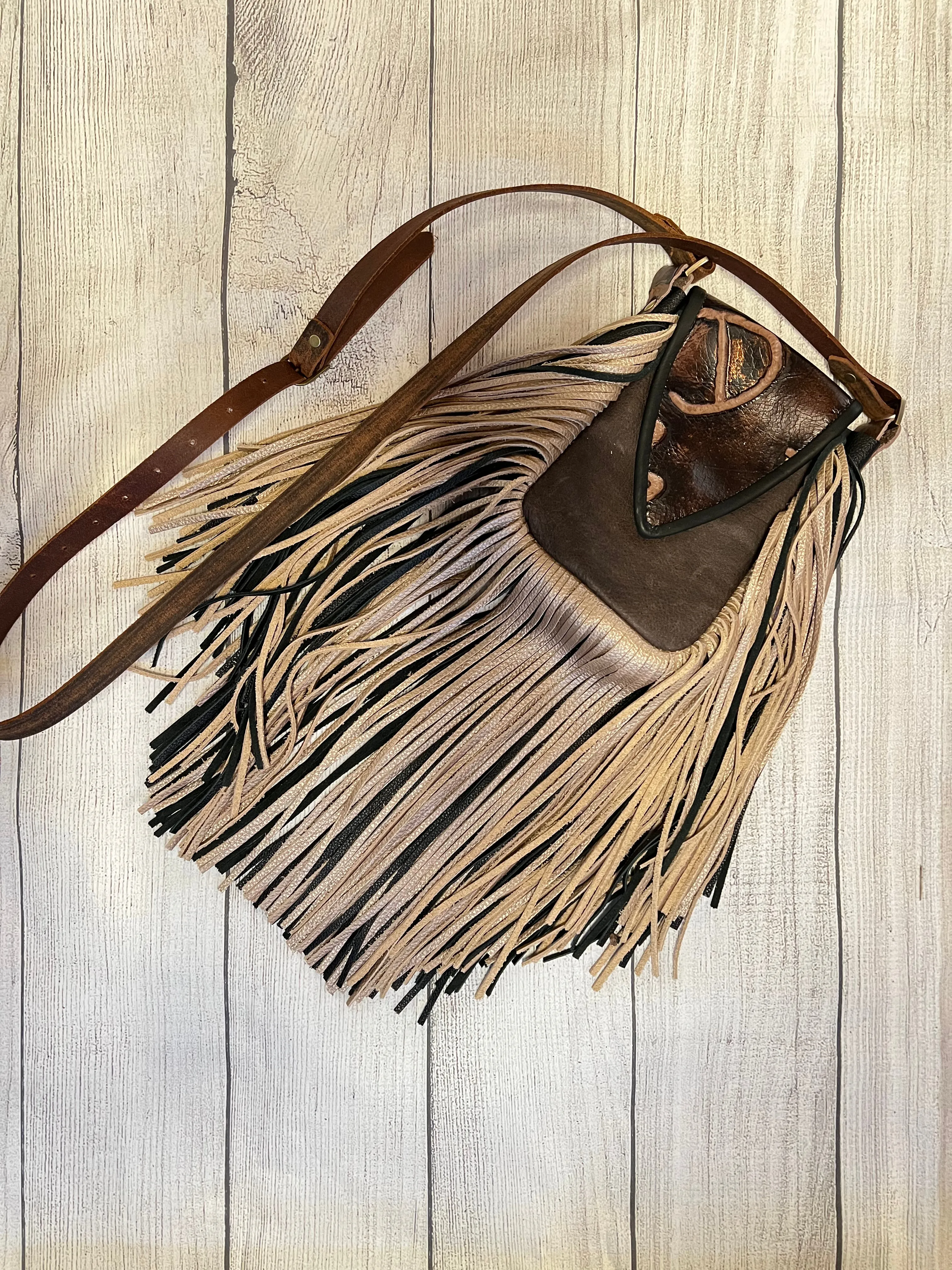 Dark Brown Brands with Black & Tan Fringe Crossbody Purse