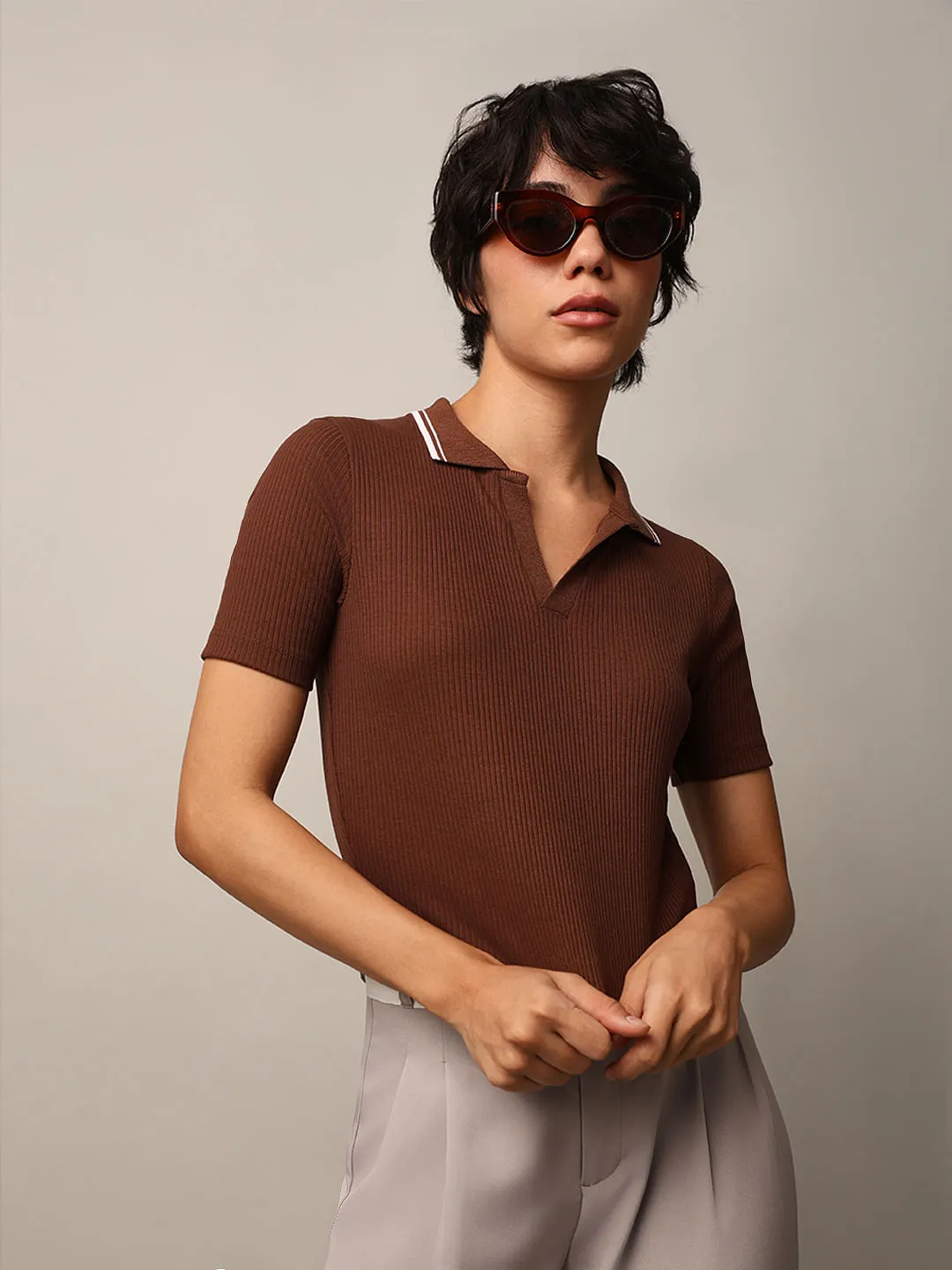 Dark Brown Cropped Ribbed Polo