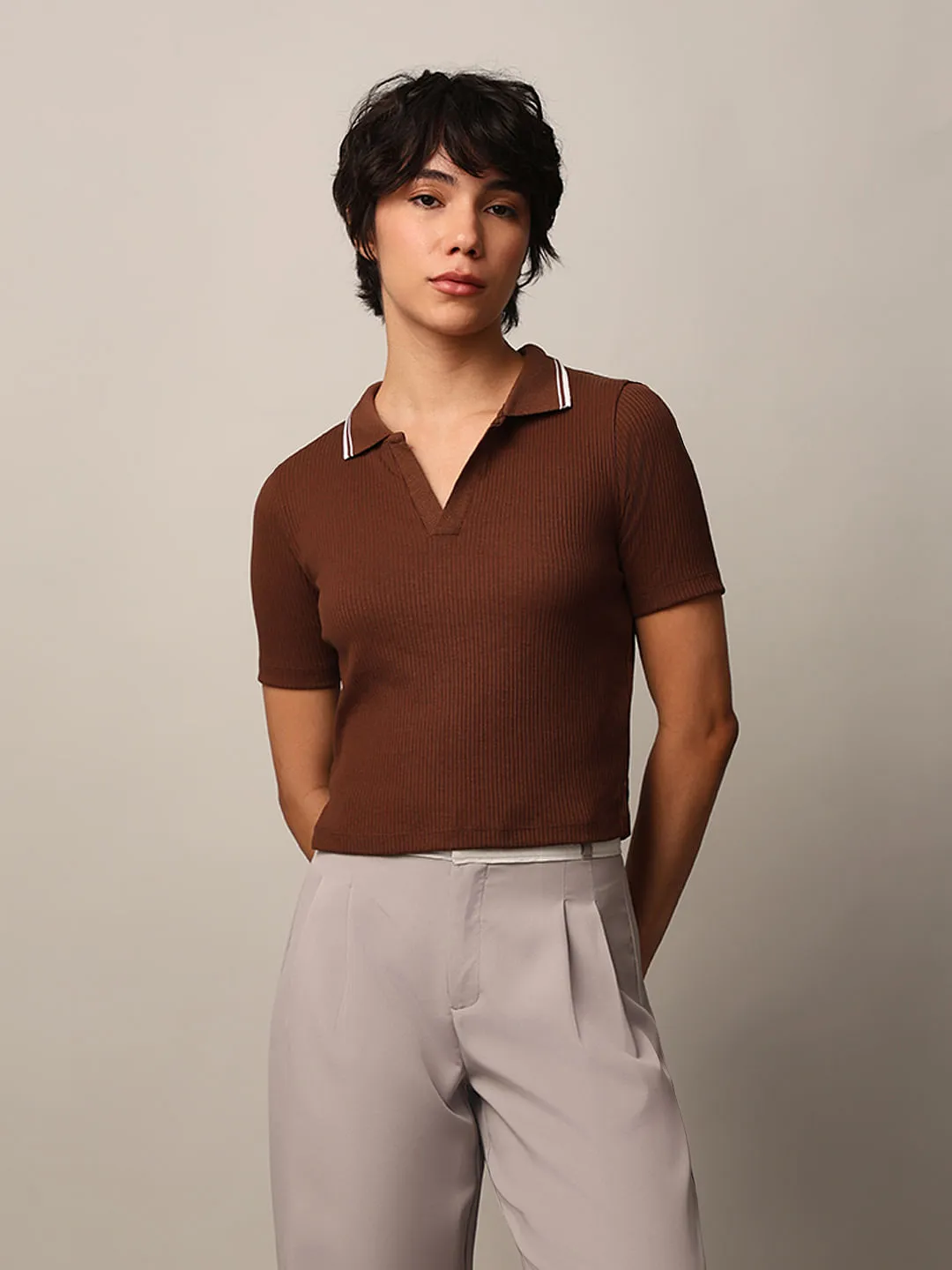 Dark Brown Cropped Ribbed Polo