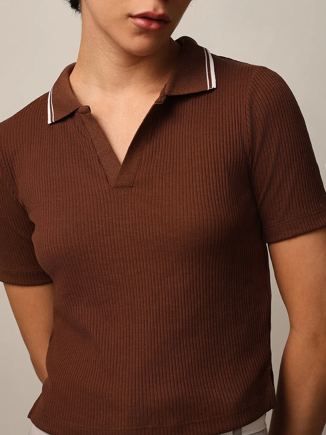 Dark Brown Cropped Ribbed Polo