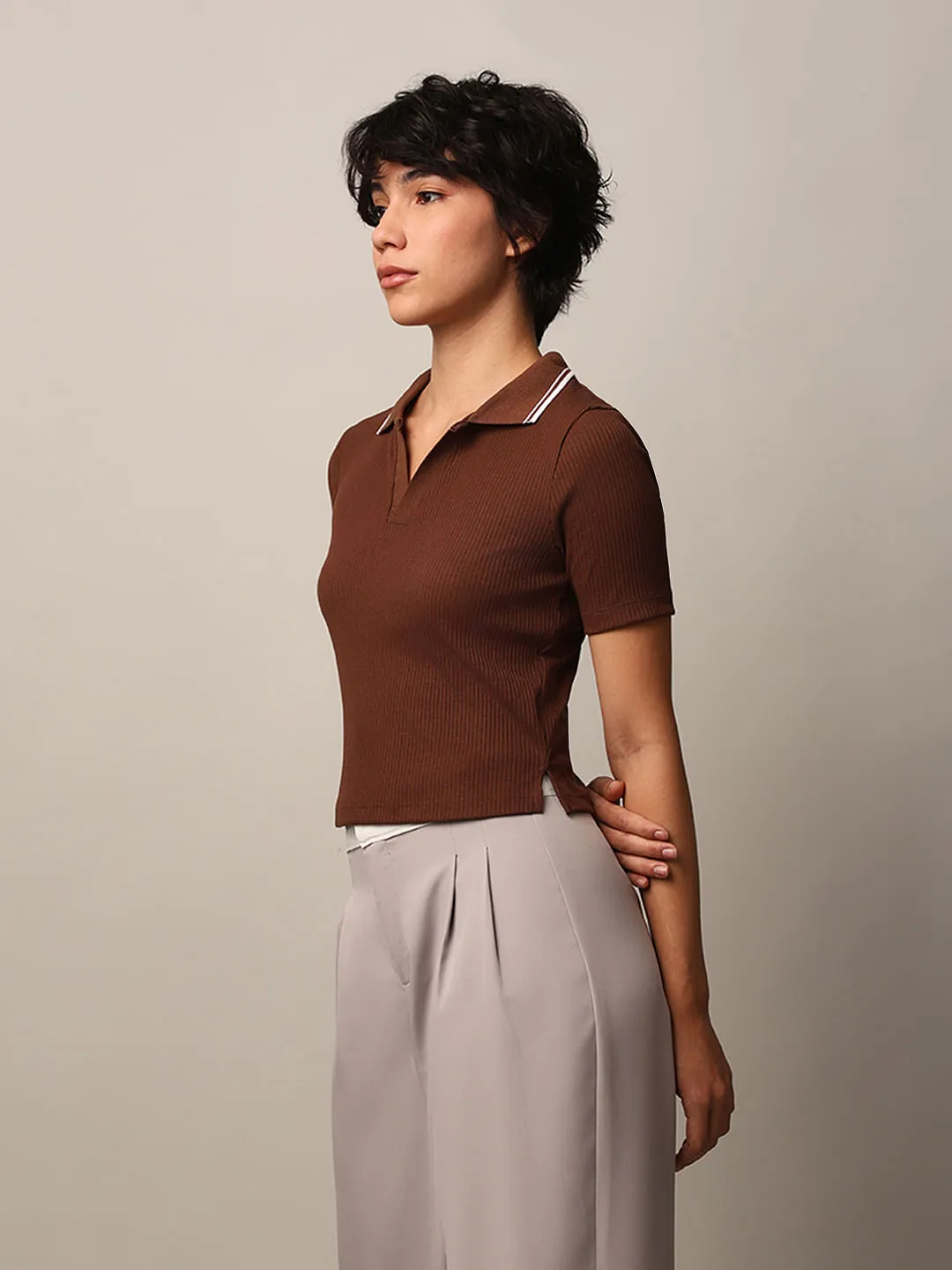 Dark Brown Cropped Ribbed Polo