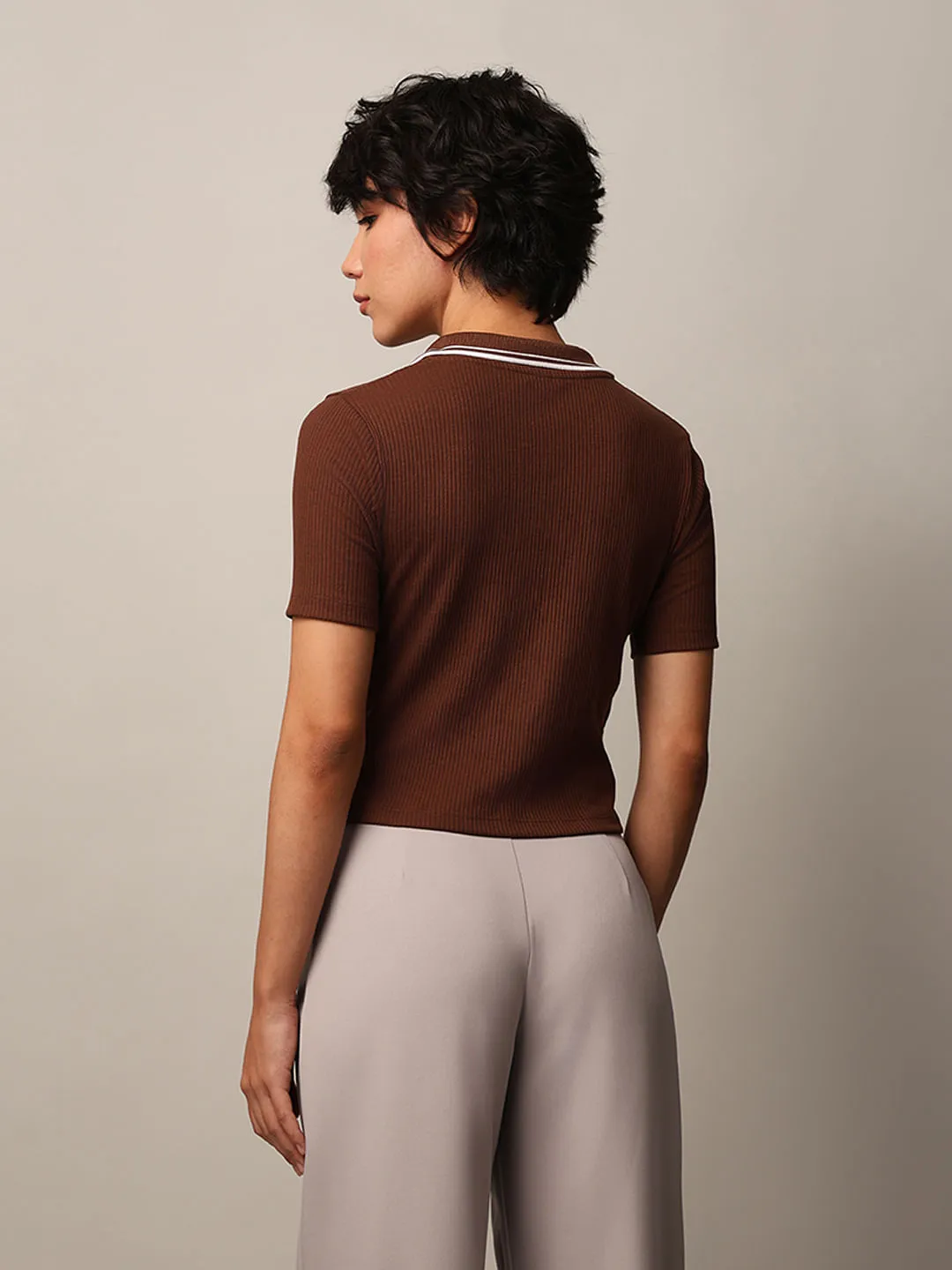 Dark Brown Cropped Ribbed Polo