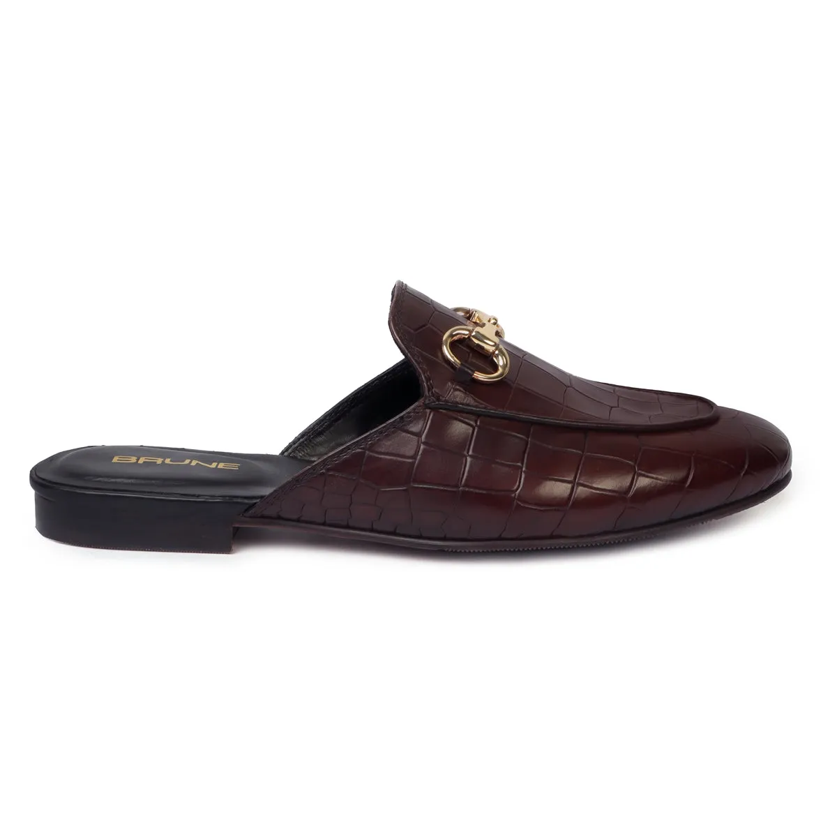 Dark Brown Leather Mules in Deep Cut Leather With Horse-bit Detailing