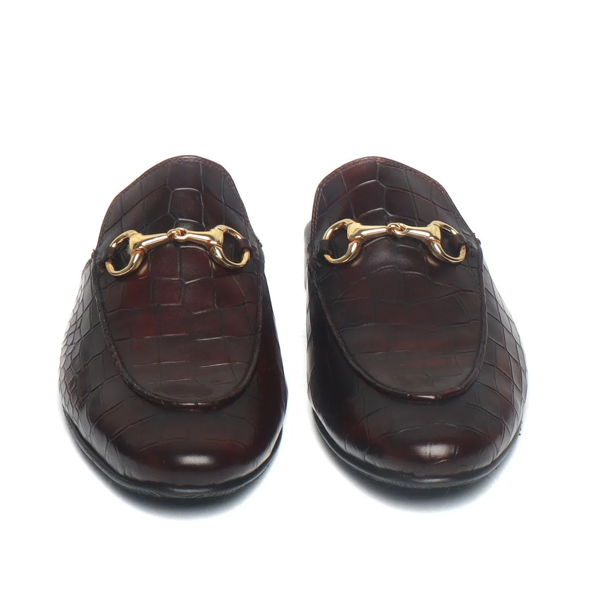 Dark Brown Leather Mules in Deep Cut Leather With Horse-bit Detailing