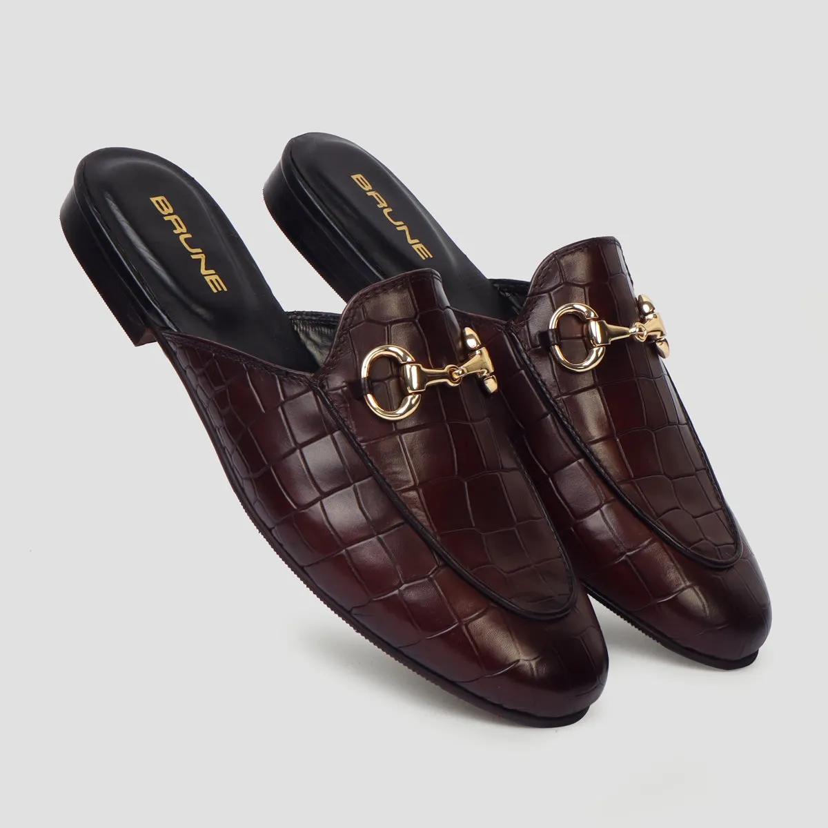 Dark Brown Leather Mules in Deep Cut Leather With Horse-bit Detailing