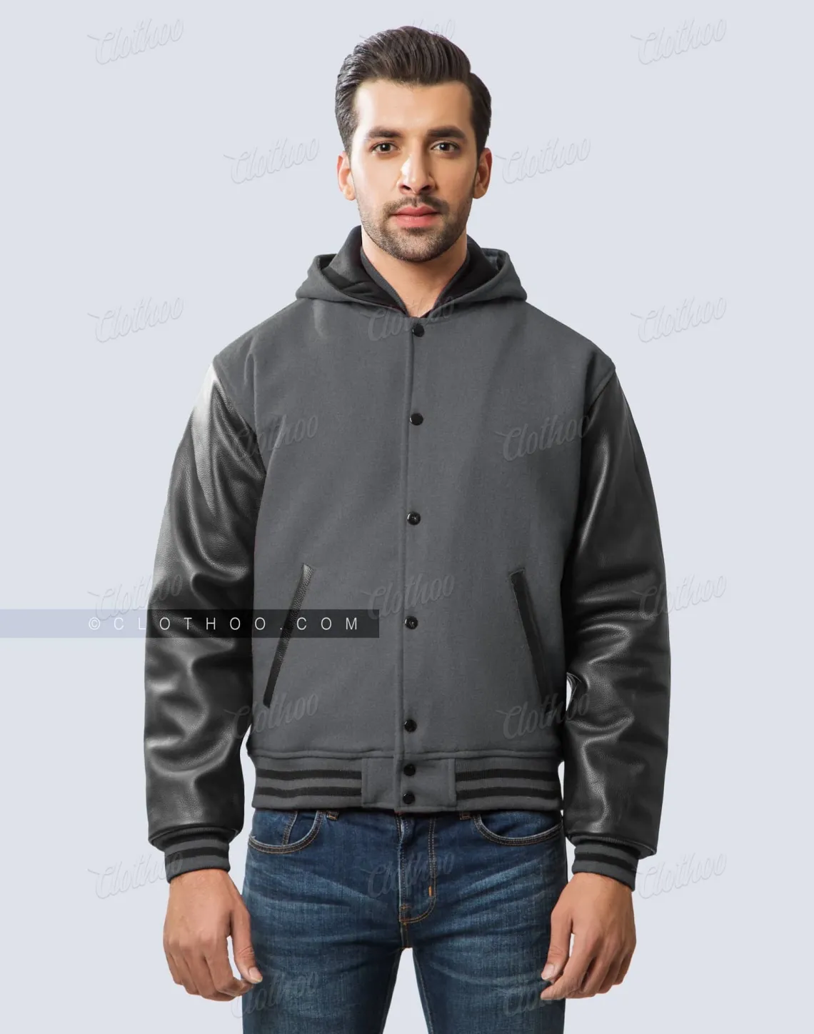 Dark Grey & Black Letterman Hoodie | Clothoo