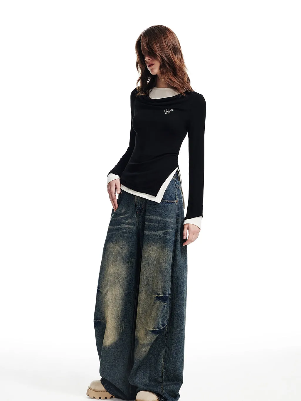 Denim Loose Faded Casual Wide-Pants