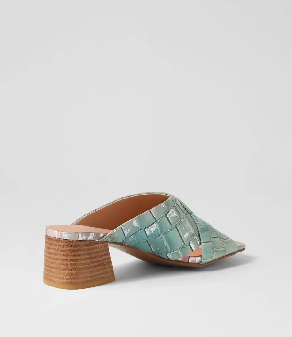 DJANGO & JULIETTE Firey Khaki Croc Print Leather Mules