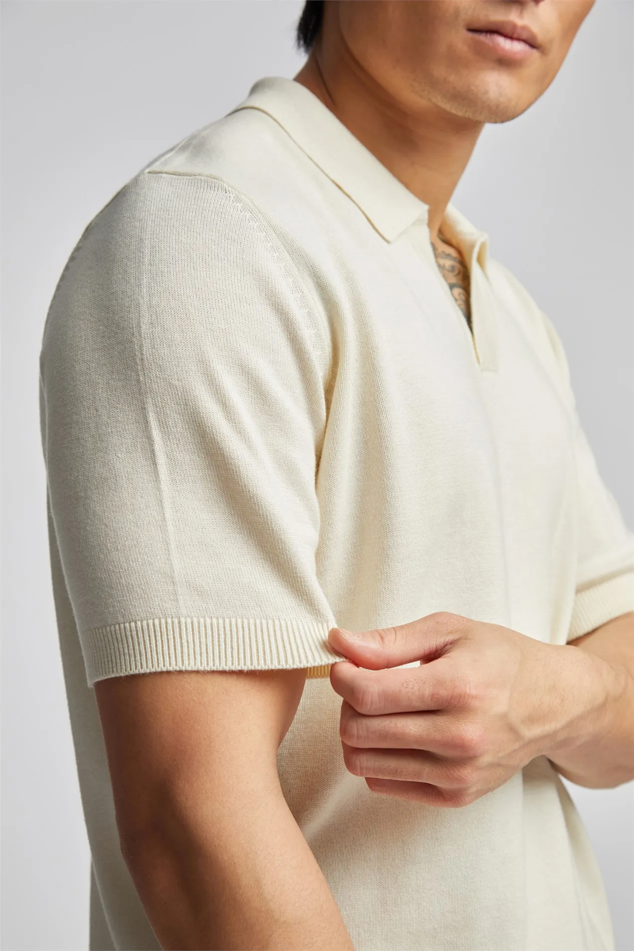 Ecru Open Neck Knitted Polo