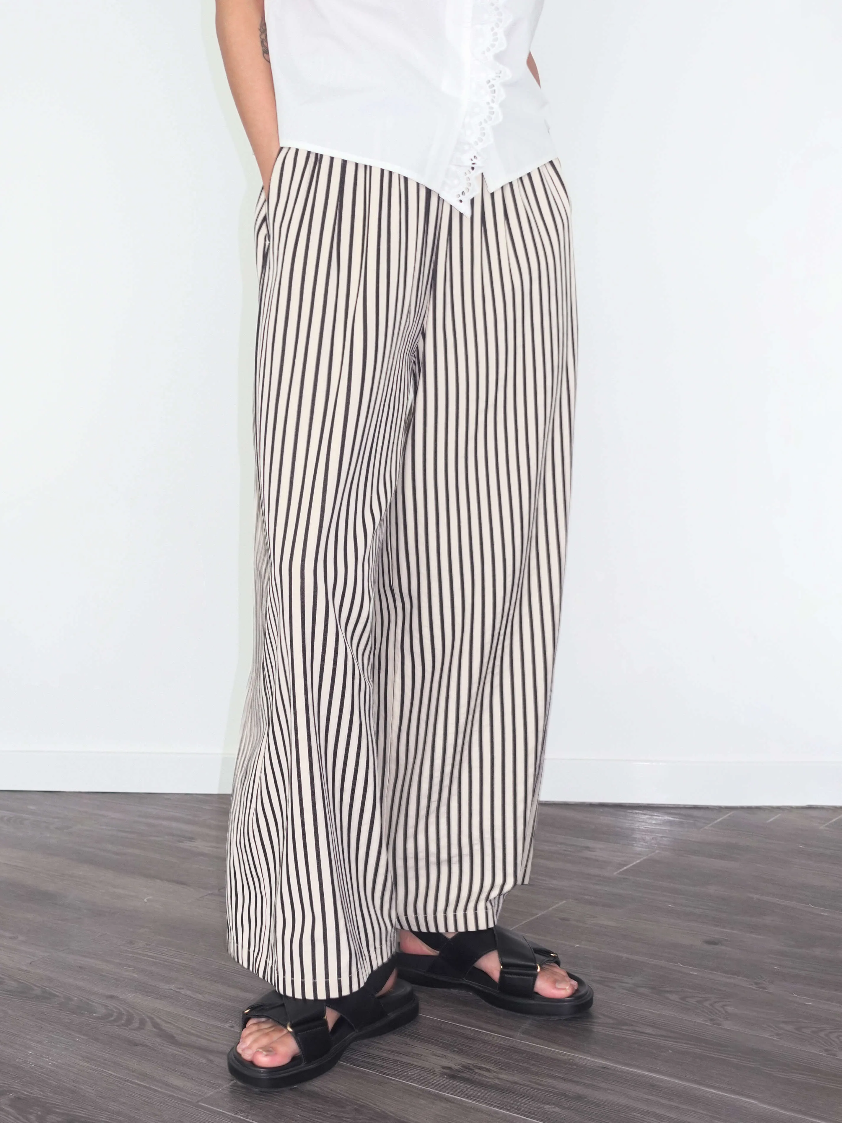 Elastic Waist Striped Straight Trousers