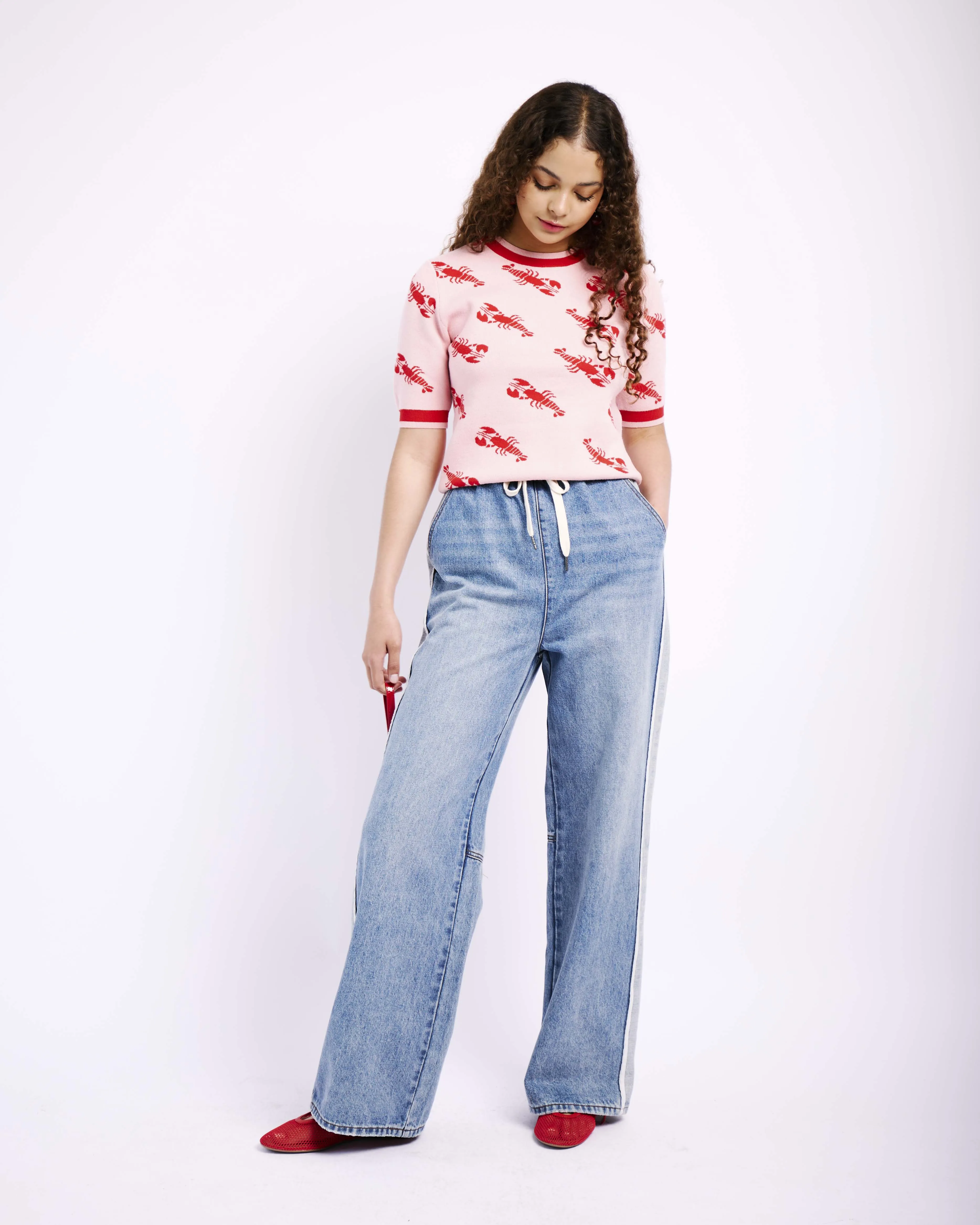 Elasticated Wide Leg Jeans with Contrast Stripe in Medium Blue