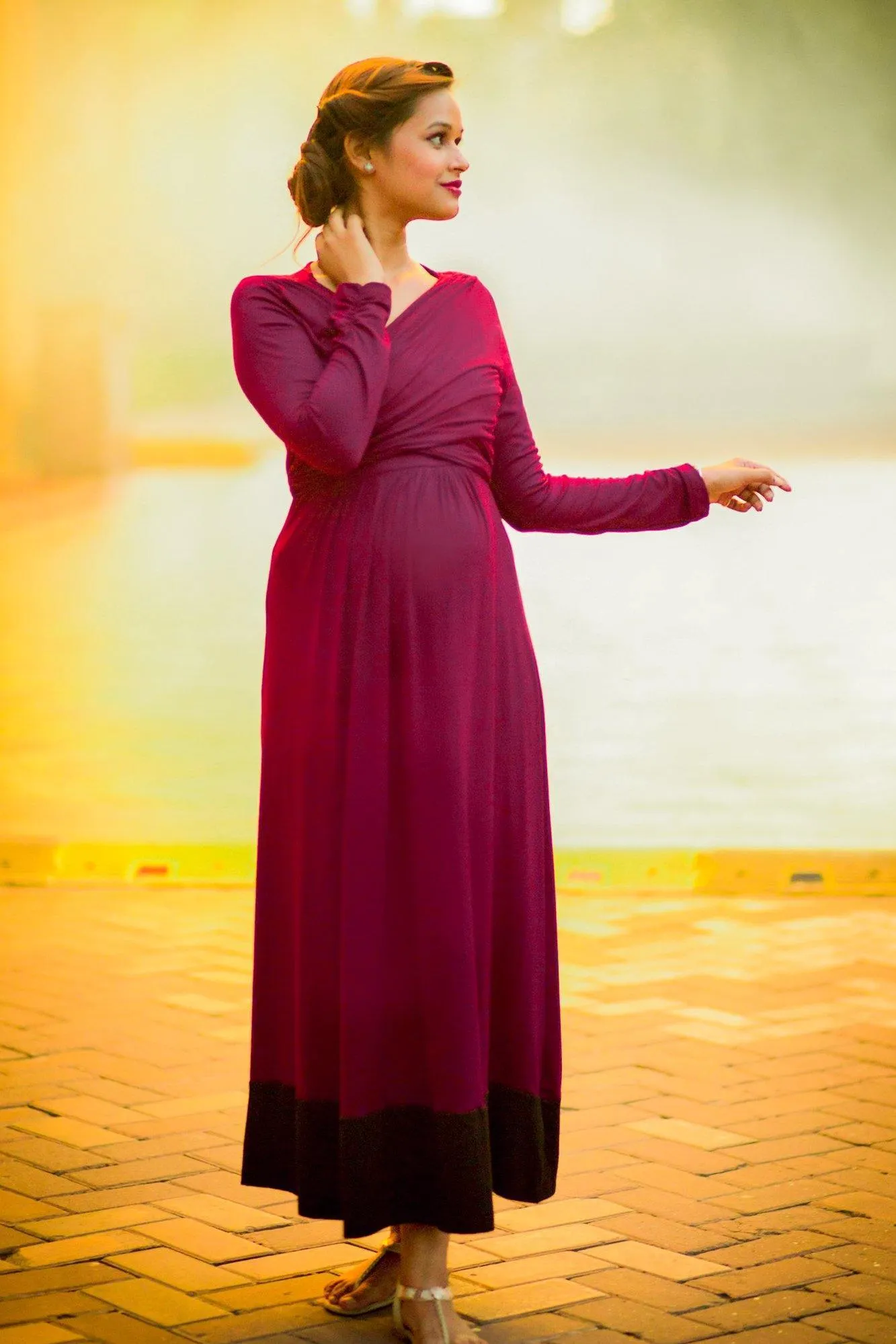 Elegant Mulberry Wine Front Wrap Maternity & Nursing Dress