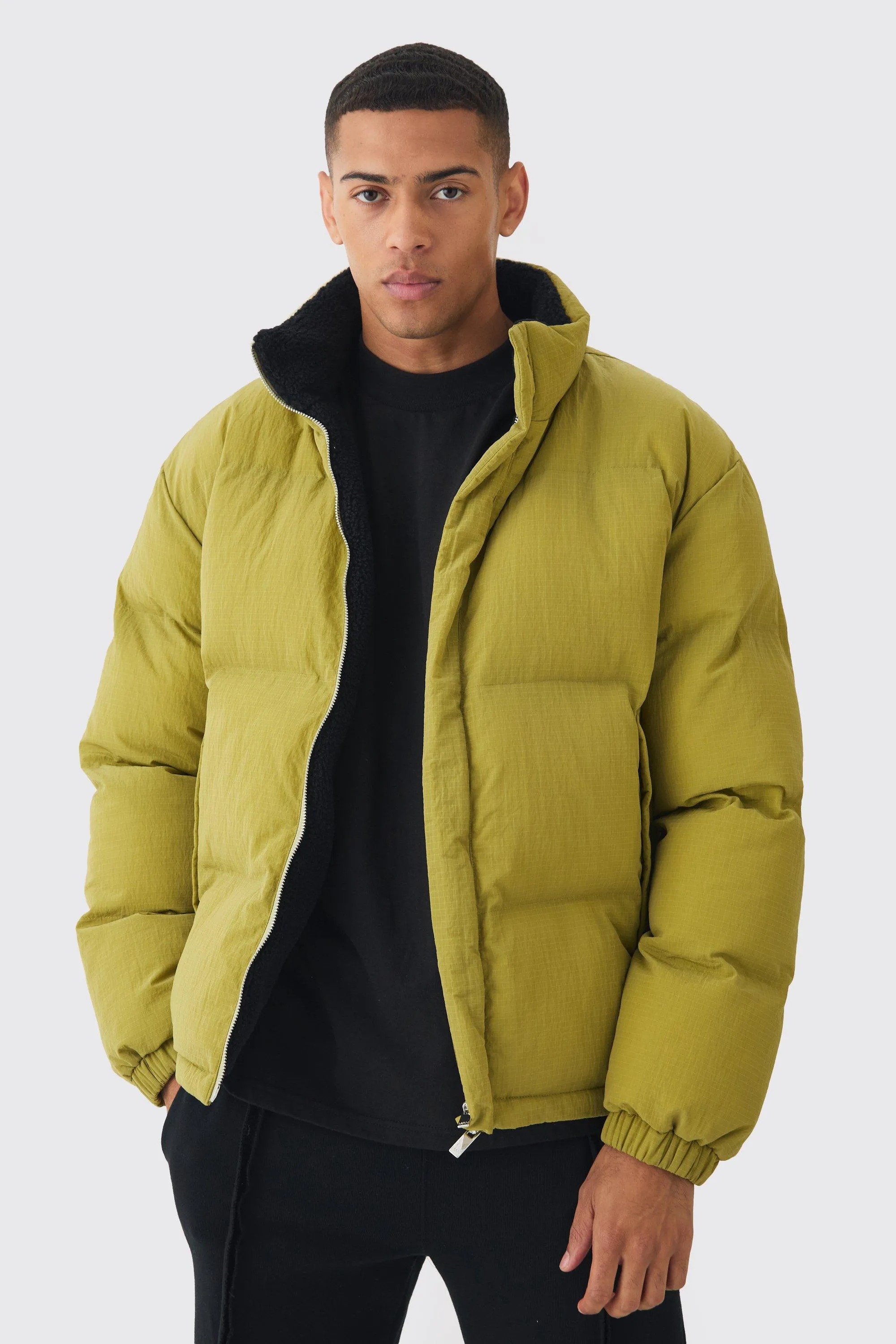 Embroidered Ripstop Funnel Neck Puffer In Olive