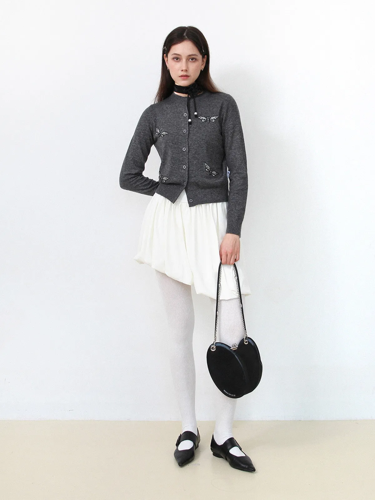 Embroidery Insect Nichi Crew-Neck Knit Cardigan